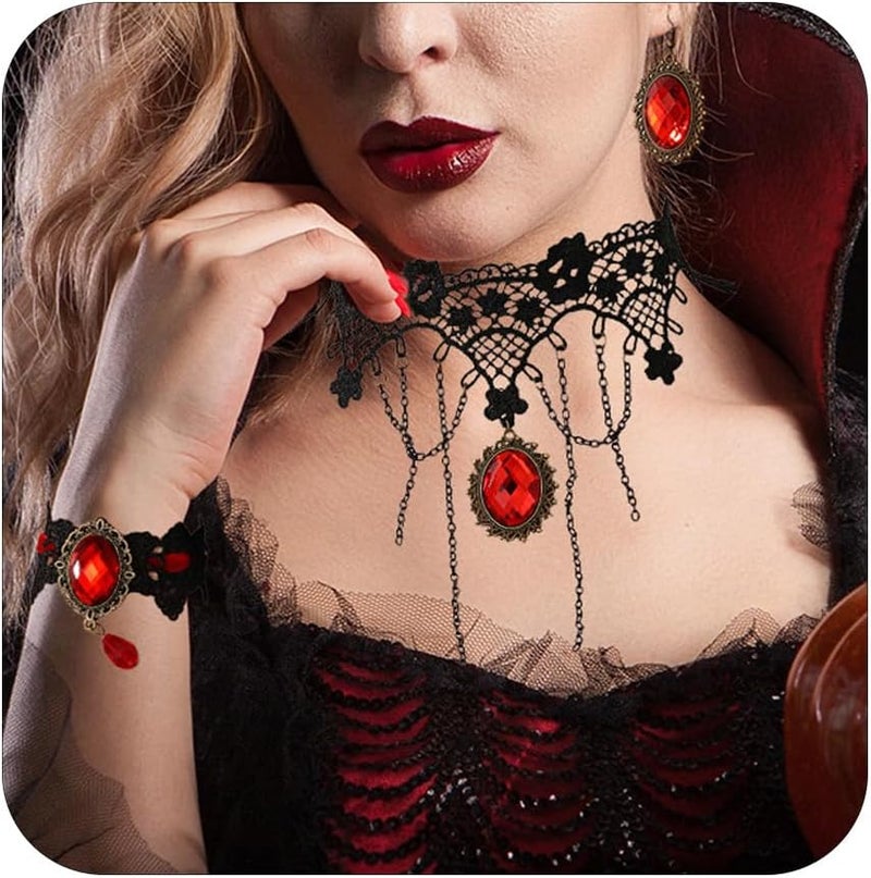 ELLEZZA Gothic Victorian Style Vampire Choker Necklace Bracelet Earrings Set,Halloween Pirate Steampunk Witch Vampire Costume Accessories Jewelry for Women,Adjustable Size - Image 1